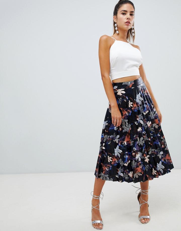 Forever Unique Faux Leather Floral Print Midi Skirt - Black