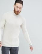 Asos Ribbed Wool Roll Neck Sweater In Oatmeal - Beige