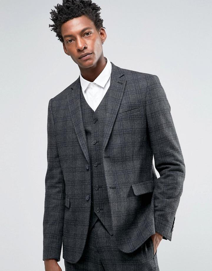 Asos Slim Suit Jacket In Charcoal With Black Check - Gray