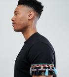 Asos Design Tall Festival Relaxed Longline T-shirt With Geo-tribal Coin Sleeve Taping - Black