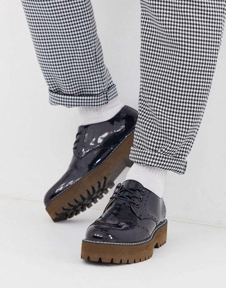 Asos Design Brogue Shoes In Black Faux Leather With Chunky Sole - Black