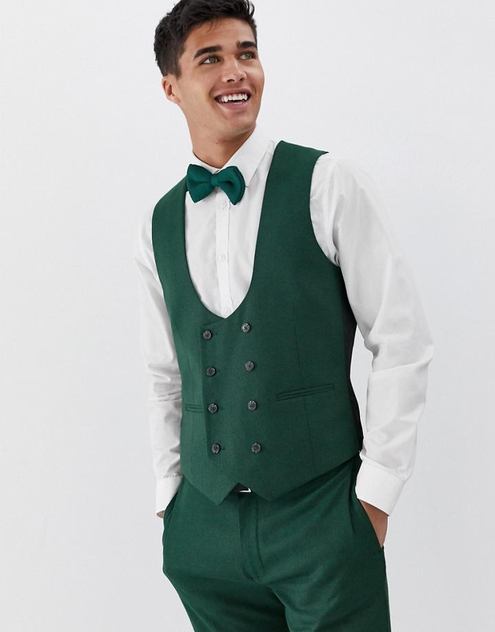 Asos Design Wedding Skinny Suit Vest In Forest Green Micro Texture - Green