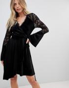 Asos Velvet Wrap Dress With Fluted Lace Sleeves And Asymmetric Hem-black