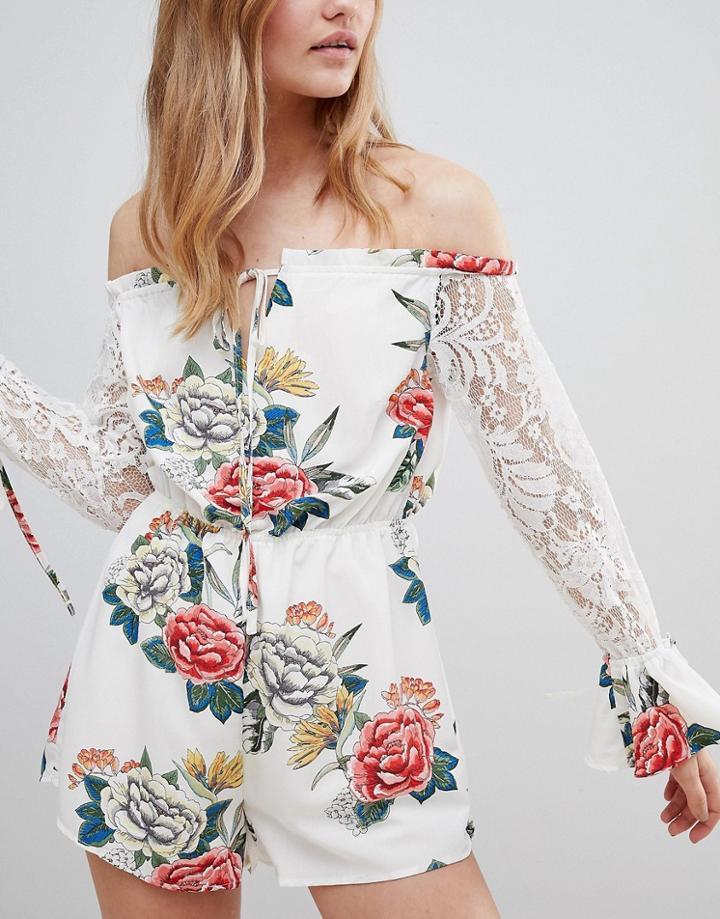 Love & Other Things Bardot Printed Romper-white