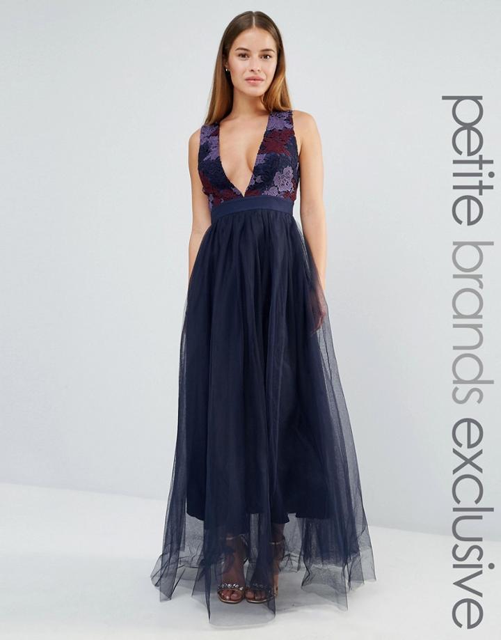 True Decadence Petite Plunge Front Lace Applique Maxi Dress With Tulle Skirt - Purple
