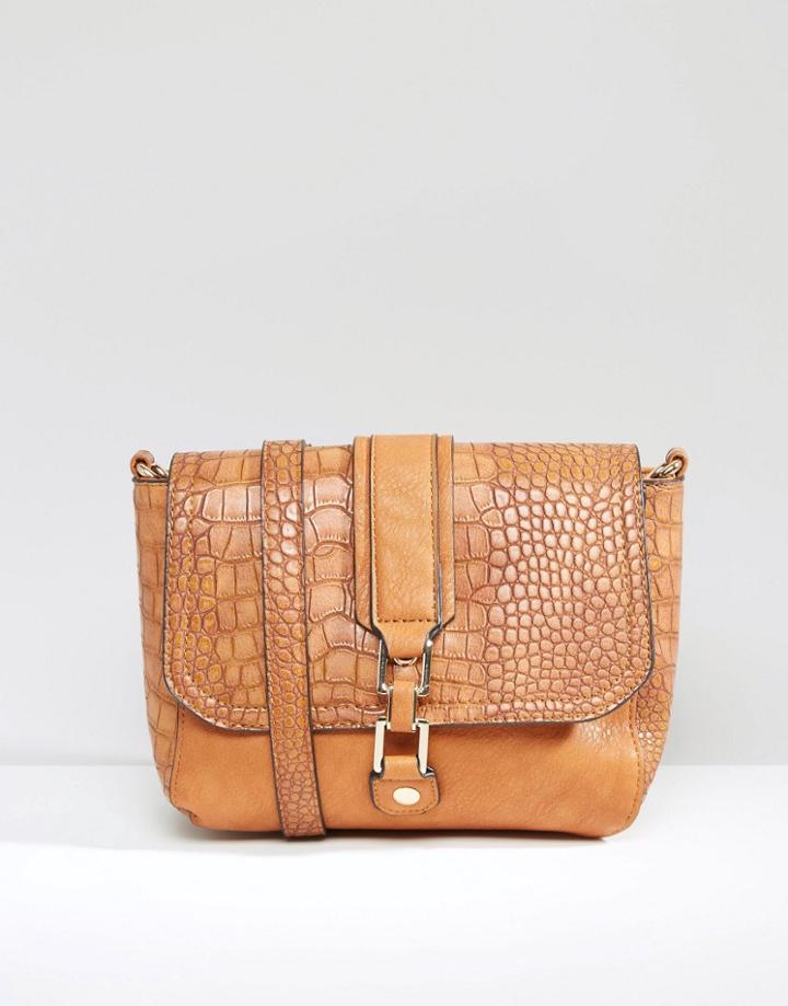 Liquorish Shoulder Bag With Mock Croc Panel - Tan