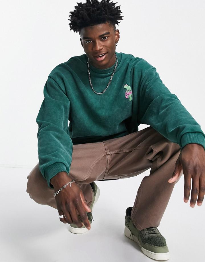 Asos Design Oversized Sweatshirt In Washed Green With Frog Print