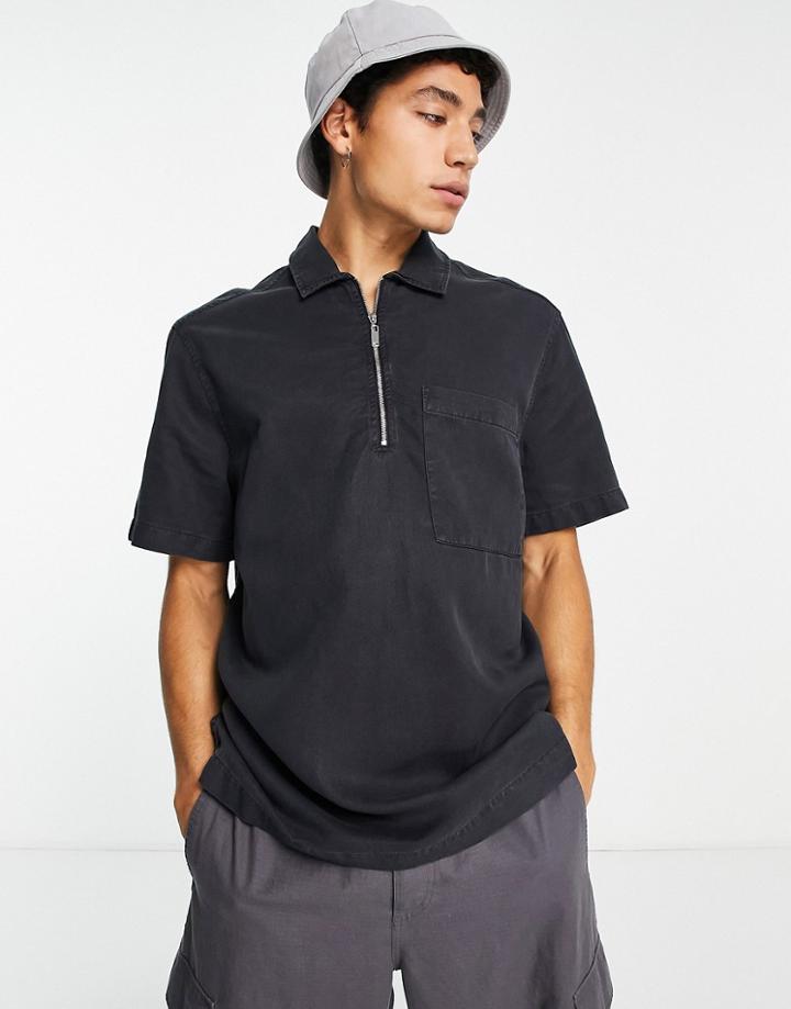 River Island Short Sleeve Zip Through Shirt In Washed Black