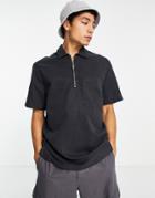 River Island Short Sleeve Zip Through Shirt In Washed Black