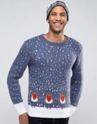 Asos Holidays Sweater With Robins In Fluffy Yarn - Blue