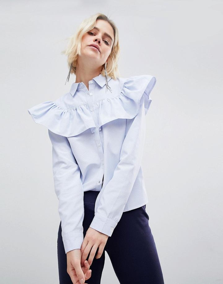 Unique 21 Blue Stripe Ruffle Shirt - Blue