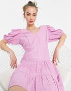 French Connection Birch Gingham Puff Sleeve Dress In Lavender-purple