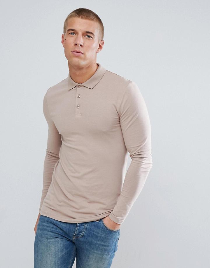 Asos Design Long Sleeve Muscle Fit Jersey Polo In Beige - Beige