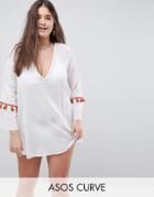 Asos Curve Fringed Trim Beach Cover Up With Tassel Trim - White