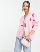 Style Cheat Knit Cardigan In Pink Heart Print - Part Of A Set