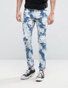 Asos Super Skinny Jeans With Bleach Spots Mid Blue - Blue