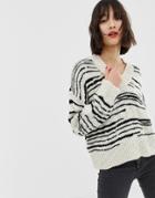 Mango Striped Oversized V Neck Sweater In Black And White - White