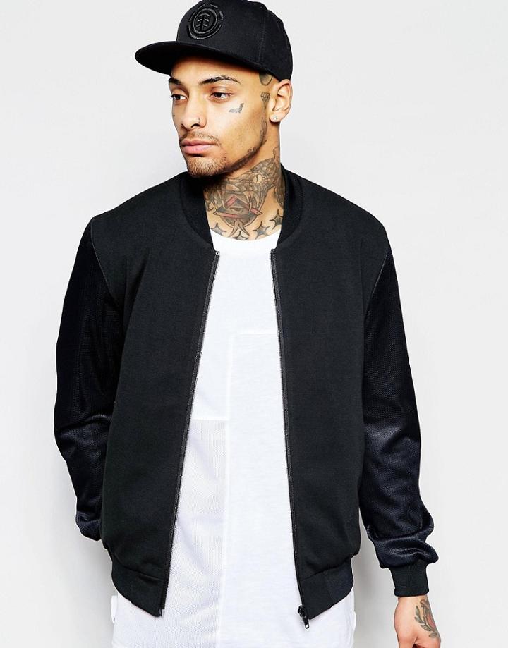 Asos Bomber Jacket With Mesh Sleeve In Black - Black