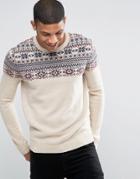 Asos Lambswool Rich Sweater With Yoke Fairisle Detail - Beige
