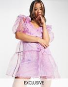 Reclaimed Vintage Inspired Organza Mini Dress With Puff Sleeves In Lilac Floral-purple