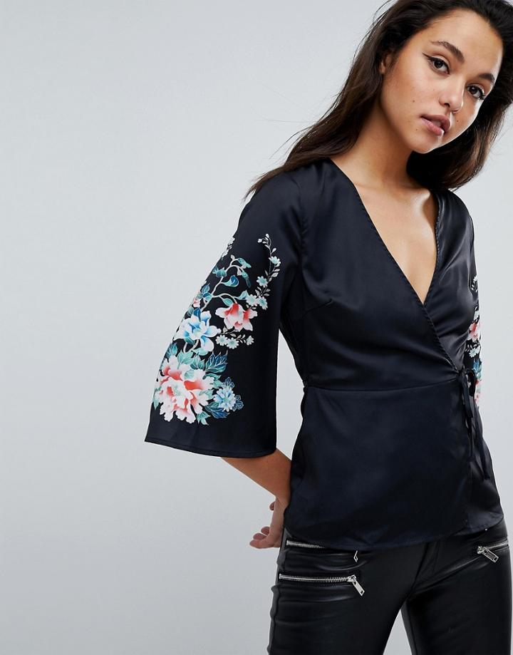 Fashion Union Kimono Blouse With Floral Printed Sleeves - Black