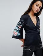 Fashion Union Kimono Blouse With Floral Printed Sleeves - Black