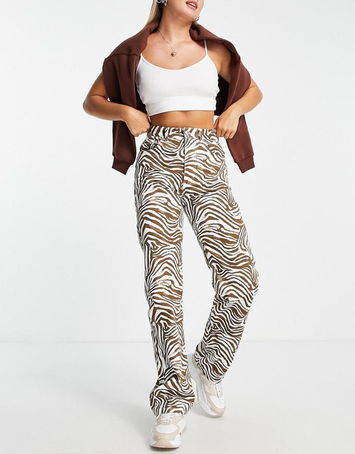Pull & Bear Straight Jeans With Zebra Print In Camel And Ecru-multi