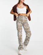 Pull & Bear Straight Jeans With Zebra Print In Camel And Ecru-multi