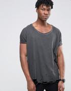 Asos Super Oversized T-shirt With Distressing And Roll Sleeves And Scoop Neck In Gray - Gray