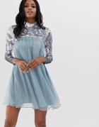 Asos Design Long Sleeve Embellished Yoke Midi Smock Dress - Blue