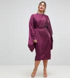 Asos Curve Extreme Sleeve Satin Midi Pencil Dress - Purple