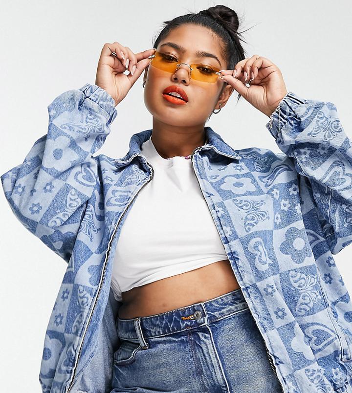 Asos Design Curve Denim Zip Through Jacket In 70's Monogram Laser - Part Of A Set-blue