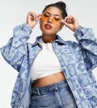 Asos Design Curve Denim Zip Through Jacket In 70's Monogram Laser - Part Of A Set-blue