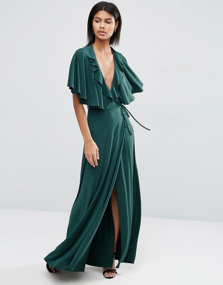 Asos Cape Open Back Plunge Maxi Dress - Green
