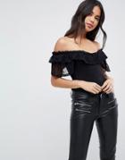 Asos Top In Rib With Lace Off Shoulder - Black
