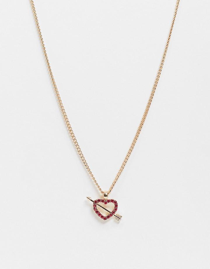Asos Design Necklace With Crystal Heart And Arrow Pendant In Gold Tone