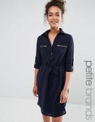 Yumi Petite Shirt Dress With Tie Waist - Navy