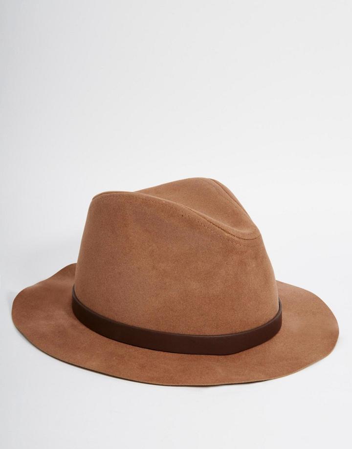 Asos Fedora Hat In Camel Faux Suede - Camel