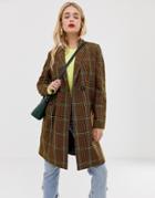 Stradivarius Long Line Coat In Brown Check - Brown