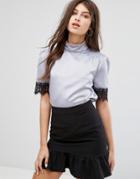 Fashion Union Top In Satin With Lace Trim - Gray
