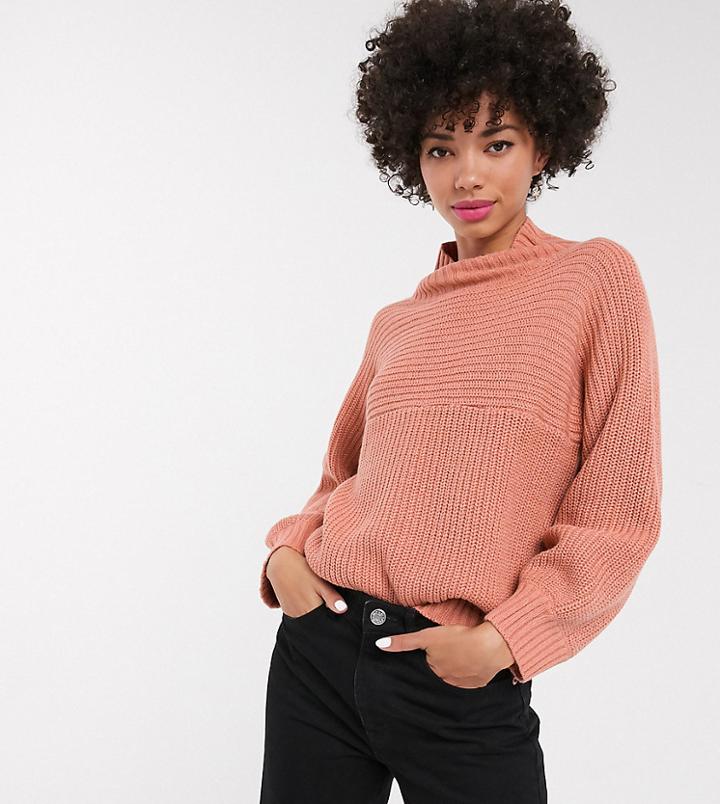 Monki High Neck Rib Knit Sweater In Dusty Pink