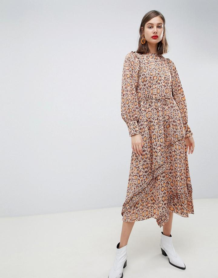 Mango Synch Waist Maxi Dress In Snake Print - Brown