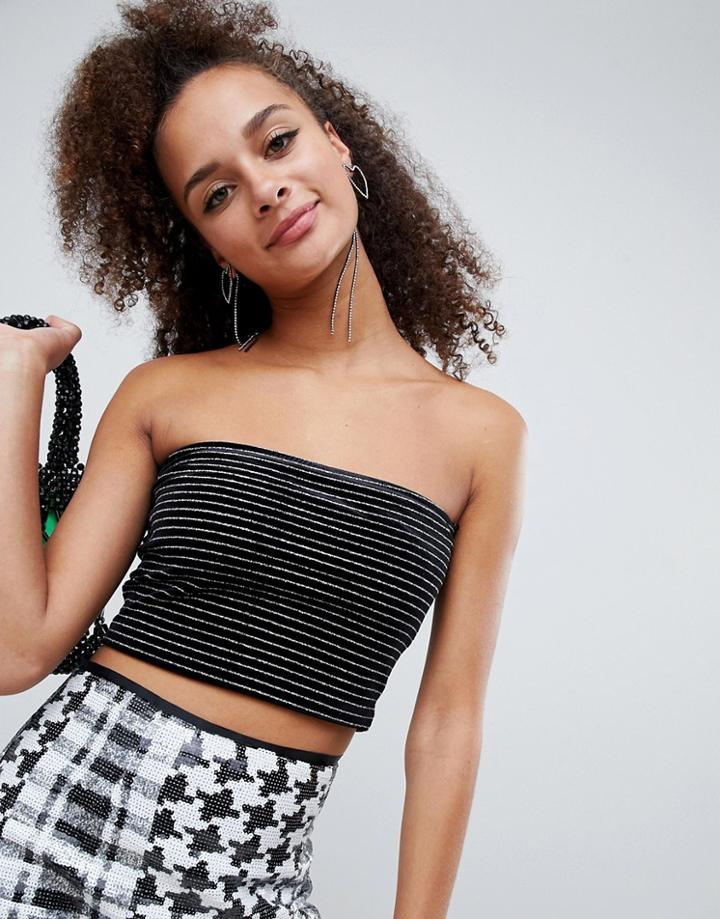Bershka Metallic Stripe Crop Top - Black
