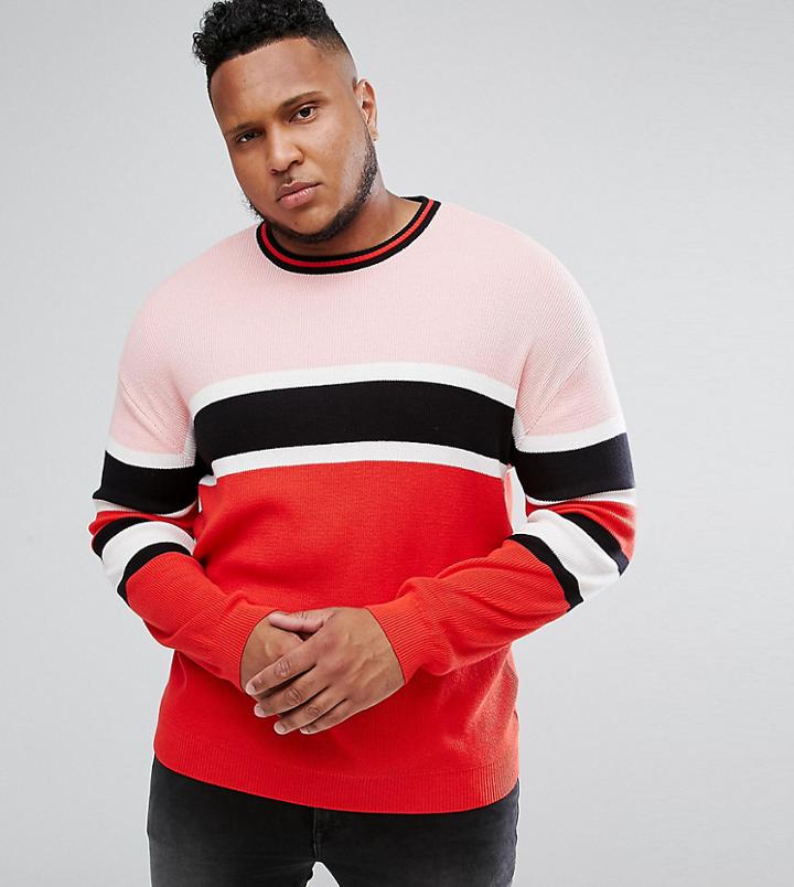 Asos Plus Ribbed Sweater In Red And Pink Stripe - Red