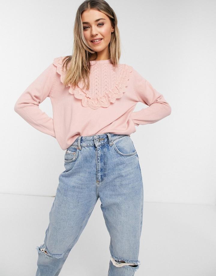 Qed London Crochet Ruffle Detail Sweater In Rose-pink