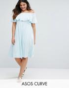 Asos Curve Ruffle Bardot Midi Skater Dress - Blue