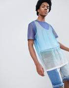 Asos Design Relaxed Longline T-shirt In Mesh With Ombre Dip Dye - Blue