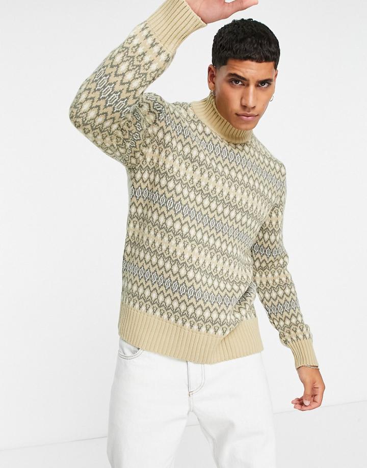 Topman Fairisle Knitted Turtleneck In Stone-neutral