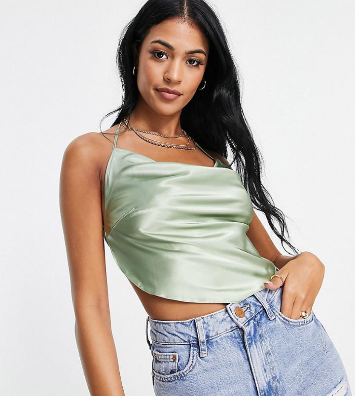 Asos Design Tall 90s Satin Scarf Double Tie Halter In Sage-green