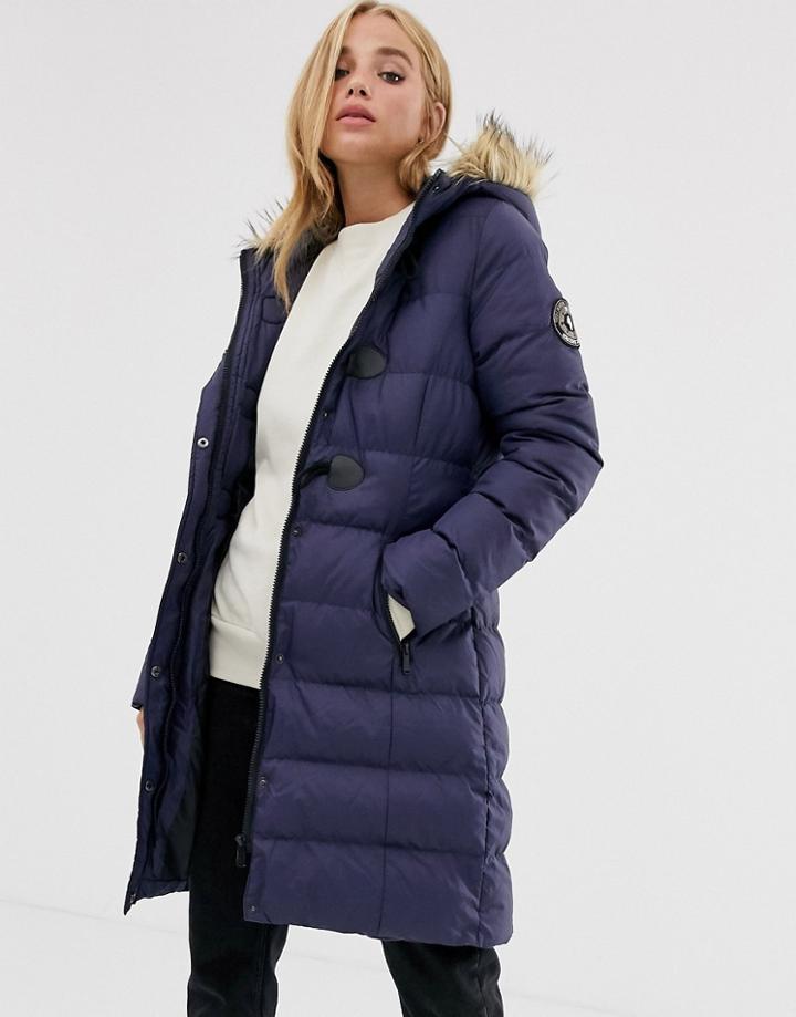 Brave Soul Wizard Long Padded Coat With Faux Fur Hood-navy